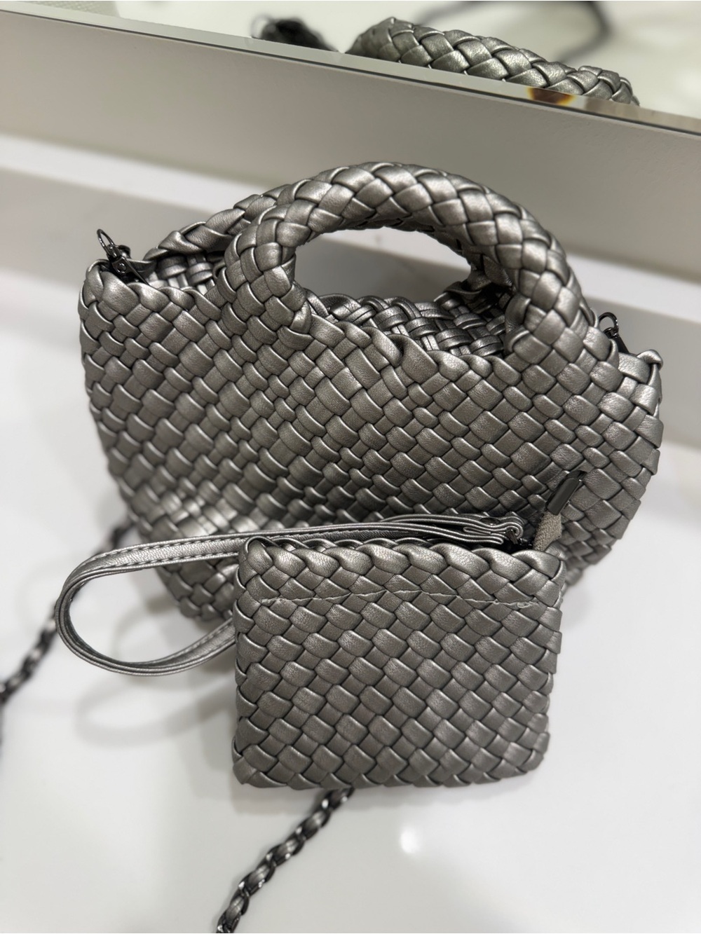 Woven Metallic Silver Crossbody Bag. 2 pieces. Bag 7x8 inches. wallet is 4x5”